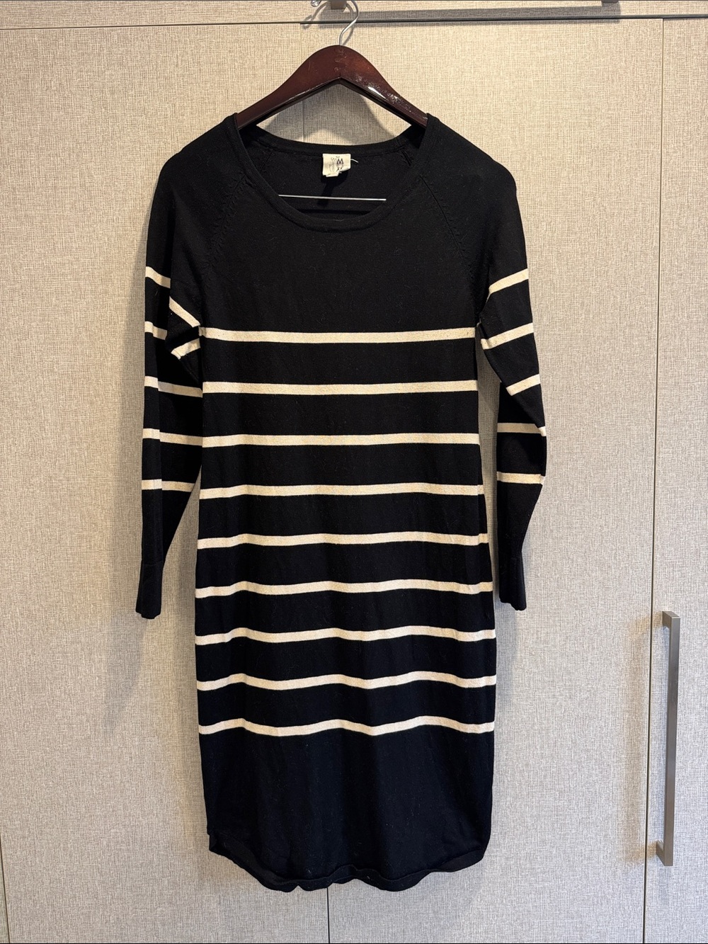 Flattering Black & Cream Striped Women's Knit Maternity Dress - size small